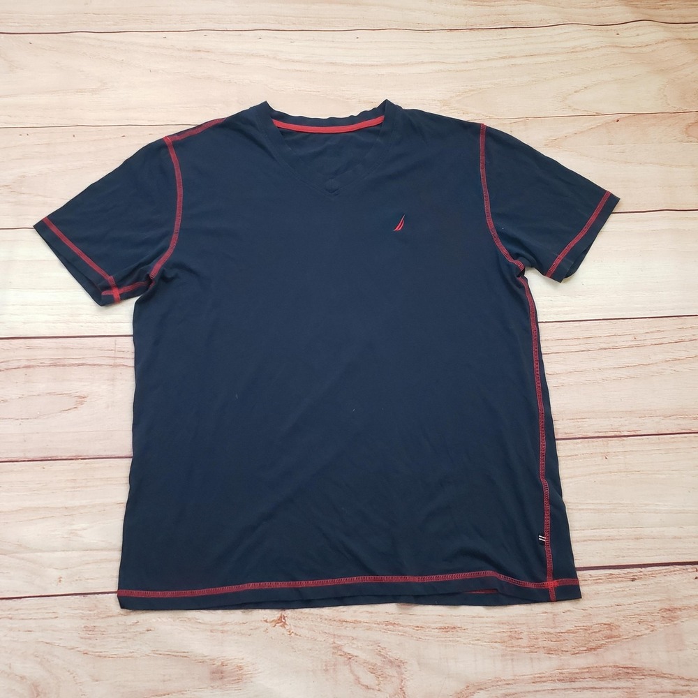 Nautica Shirt Mens Large‎ Navy Blue V Neck Red Stitch Sailboat Logo Short Sleeve